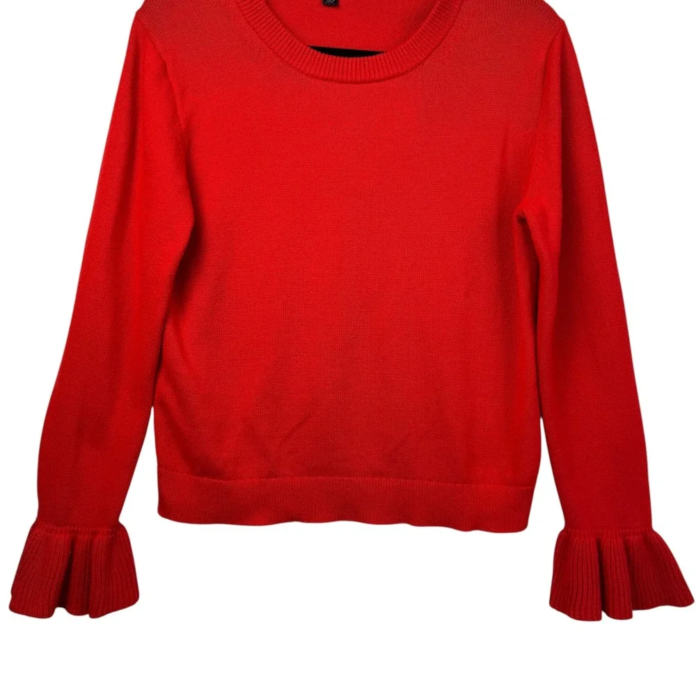 J. Crew Sweater M Red Cotton‎ Ruffle Cuff Long Sleeve Crew Neck